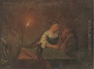 A Couple Drinking In An Interior By Candlelight by Godfried Schalcken