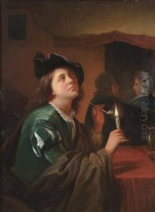 A Young Man Smoking By Candlelight In A Tavern Interior by Godfried Schalcken