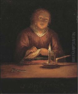 A Lady Sewing By Candlelight by Godfried Schalcken