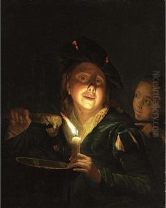 A Young Man Lighting A Candle, A Girl In The Background by Godfried Schalcken