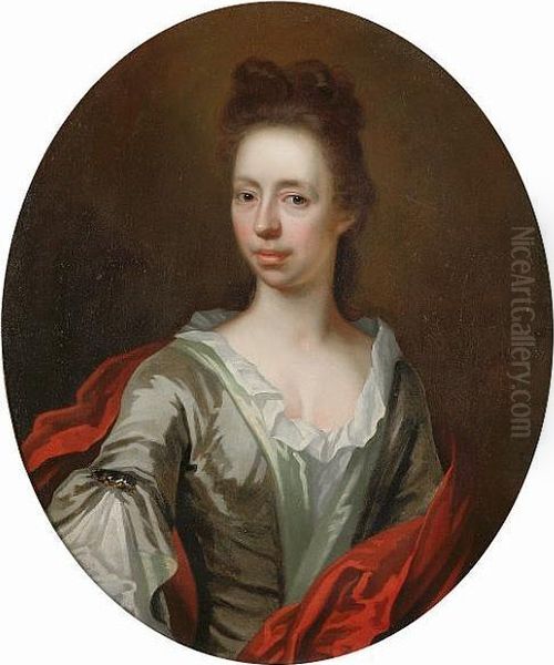 Portrait Of A Gentleman, 
Half-length, In A Grey Silk Coat With Gold Embroidery And A White Lace 
Jabot; And Portrait Of A Lady, Half-length, In A Green Silk Dress With A
 Red Wrap - view 1