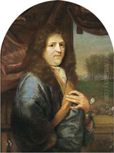 A Portrait Of A Gentleman, 
Standing Half-length, Wearing A Blue Orange-lined Satin Overcoat With 
White Lace Chemise, In Front Of A Stone Balustrade With A Curtain, A 
Park Landscape Beyond