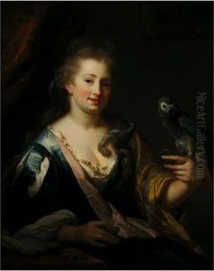 Portrait Of A Lady, Half-length 
Seated, Wearing A Dressing-gown And A Wig, Feeding A Parrot