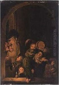 Children Merrymaking With The Rommelpot At St.nicolaas by Godfried Schalcken