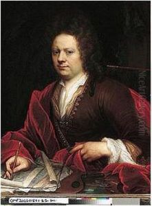 Portrait Of An Artist, 
Half-length Seated, Holding A Pencil, With His Painting Accoutrement by Godfried Schalcken