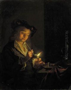 A Youth Seated By A Table Lighting A Pipe With A Candle