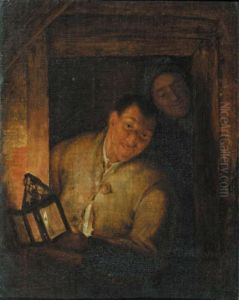 Boors At A Window By Candlelight by Godfried Schalcken