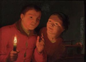 Children Watching A Birdcage By Candlelight by Godfried Schalcken