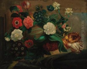 Parrot Tulips, Anemonies,
Narcissae, Convulvulae, Auriculars,rosebuds And Other Flowers In An Urn
On A Stone Ledge by Godfried Schalcken