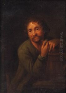 A Bearded Man With A Pipe, Leaning On A Wooden Pail by Godfried Schalcken