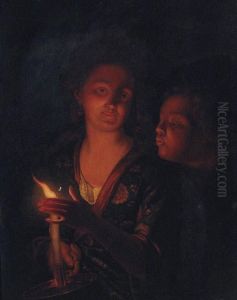 A Boy Blowing A Candle Held By A Lady by Godfried Schalcken