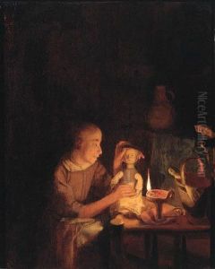 A Young Girl Playing With Her Doll At A Table, In An Interior Bycandlelight