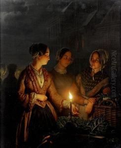 A Moonlit Market Scene by Petrus van Schendel