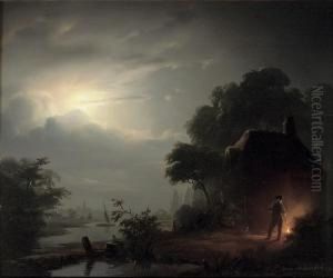 A Moonlit Landscape, With A Figure By A Farmhouse by Petrus van Schendel