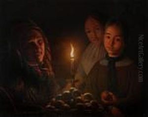 Apple Saleswoman With Two Girls In Candlelight by Petrus van Schendel