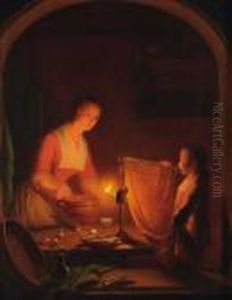 Jeune Cuisiniere Et Enfant A La Trompette