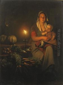 Mother And Child At The Night-market by Petrus van Schendel