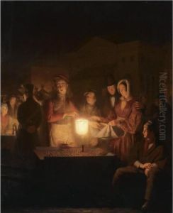 An Almond Seller At The 'botermarkt' In Amsterdam By Candlelight by Petrus van Schendel