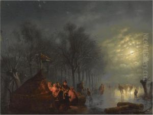 Skaters Near A 'koek En Zopie' By Moonlight by Petrus van Schendel