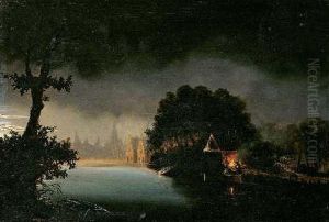 Nachtliche Flusslandschaft. by Petrus van Schendel