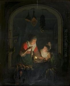 Une Cuisiniere Preparant Des Poissons A L'embrasure D'une Fenetre by Petrus van Schendel