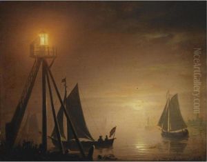 Boats At Moonlight by Petrus van Schendel