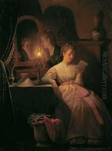 Interieur Mit Zwei Jungen Frauen Und Brennender Petroleumlampe.