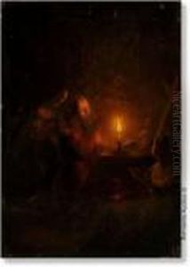 The Temptation Of Saint Anthony. Panel (mahogany). Signed P.van Schendel. by Petrus van Schendel