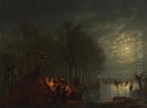 Skaters Near A 'koek En Zopie' In A Moonlit Landscape by Petrus van Schendel