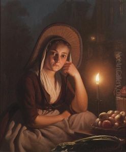 A Young Market Girl By Candlelight by Petrus van Schendel