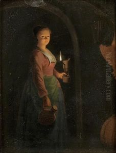A Young Woman Standing In A Doorway Holding A Lamp A Young Woman Standing In A Doorway Holding A Lamp