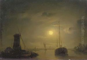 A Haybarge On A Moonlit River by Petrus van Schendel