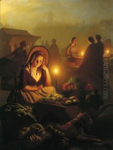 A Girl Selling Vegetables At The
 Night-market With The Dam Palace And The Nieuwe Kerk In The Distance, 
Amsterdam