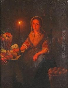 A Woman At The Vegetable Stall By Candlelight by Petrus van Schendel