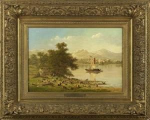 Farmer With Sheep And Goatsresting By A Boat-filled Lake
