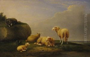 Sheep In A Landscape With A Dog Nearby