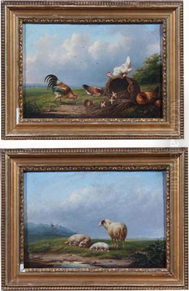 Chickens And Cockerel Feeding
From An Upturned Basket And Sheepresting In An Extensive Landscape With
Shepherd In The Distance - view 1