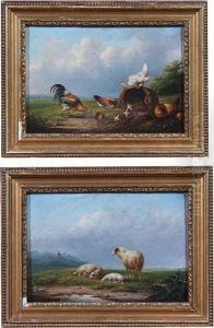 Chickens And Cockerel Feeding 
From An Upturned Basket And Sheepresting In An Extensive Landscape With 
Shepherd In The Distance