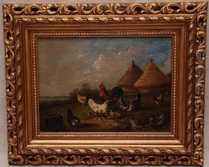 Farm Landscape With Rooster, Hens , Chicks, Ducks