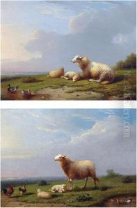 Sheep Resting With Ducks In A
Landscape; Sheep And Chickens Restingin A Landscape (a Pair) by Franz van Severdonck