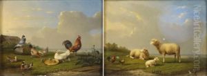 Zwei Gemalde. Schafe, Huhner Und Ente. Buntes Federvieh. by Franz van Severdonck