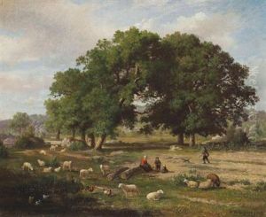Young Farmers Withtheir Flock Of Sheep In A Country Landscape by Franz van Severdonck