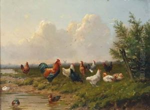 Weite Landschaftmit Federvieh, Im Hintergrund Windmuhle by Franz van Severdonck