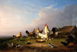 A Rooster, Hens And Chicks In A Landscape
