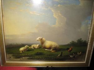 Sheep Resting In A Landscape With Rooster, Chicken And Ducks At Water's Edge