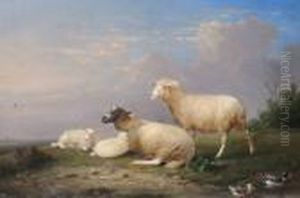Sheep Beside Ducks On A Pond; And A Companion by Franz van Severdonck