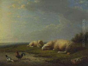 Weite Landschaft Mit Zwei Liegenden Schafen, Hahn Und Henne by Franz van Severdonck