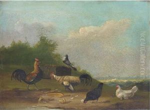 Hens And A Pigeon In A Landscape by Franz van Severdonck