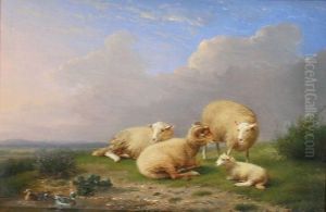 Sheep At Rest Beside A Pond by Franz van Severdonck