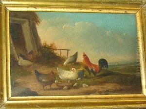 Cockerel And Chickens Feeding Before A Landscape, And Another Similar